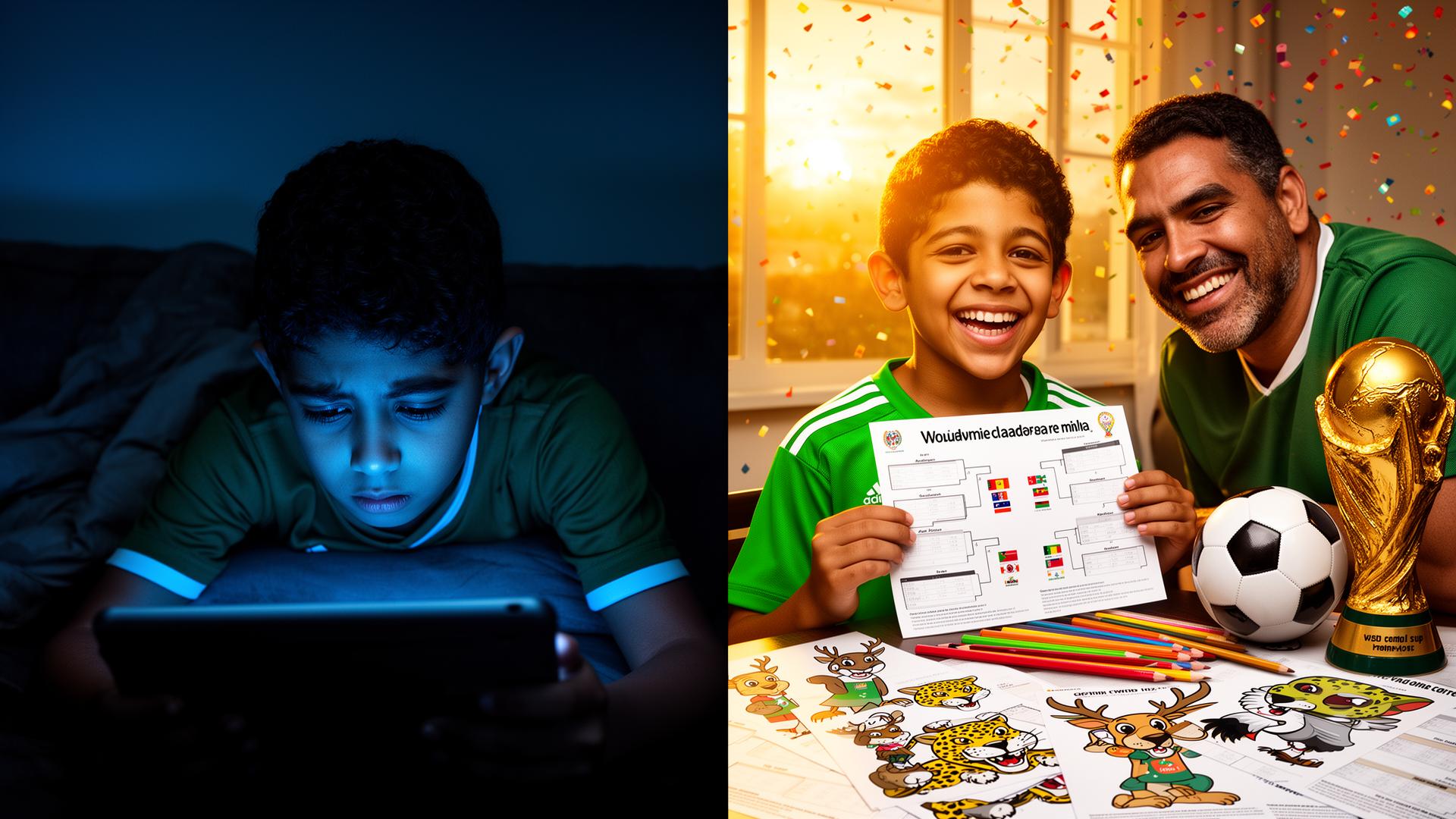 A la izquierda un niño triste atrapado en la tablet; a la derecha el mismo niño feliz jugando el Kit Mundialista con su papá