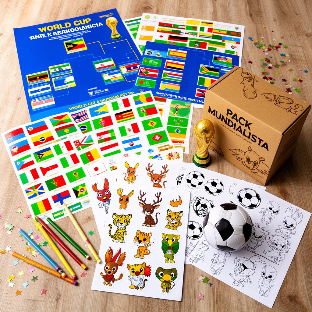 Kit Mundialista impreso: brackets, banderas, mascotas Leo Tina y Max, copa del mundo